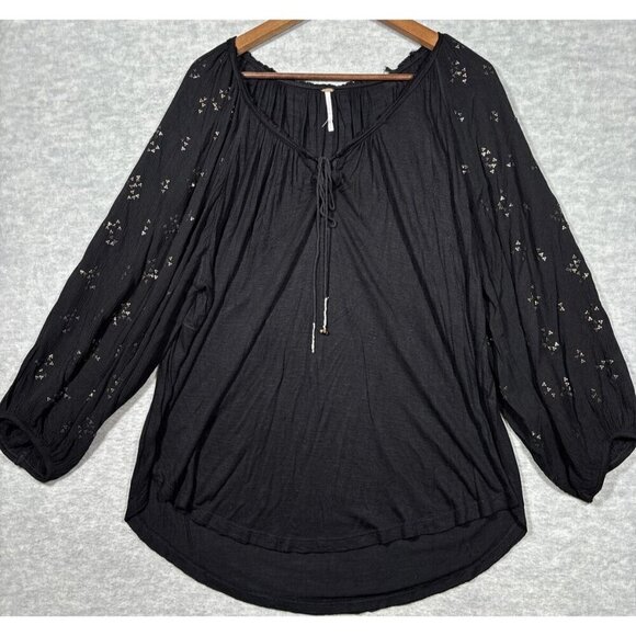 Free People Women’s Shirt Sz M Black Metal Beaded Peasant Boho Casual - Picture 1 of 6